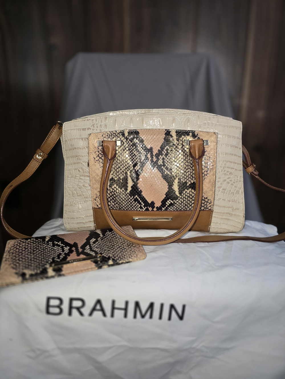 Brahmin Cream & Tan Snake-Print Satchel & Wallet